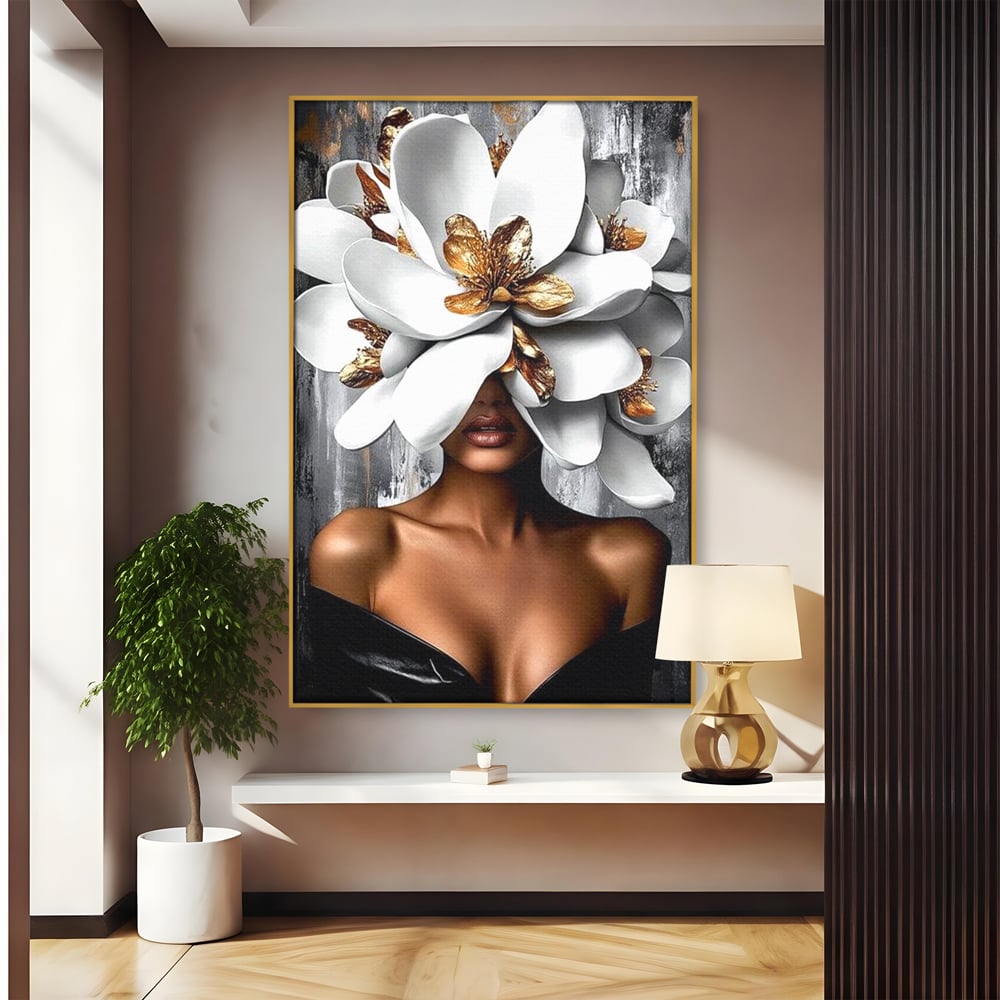 Tablou canvas cu tablou canvas cu femeie si magnolie alba, in rama de aluminiu auriu